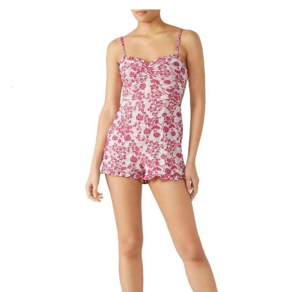 Likely Highland Short Romper Pink White Textured Floral Adjustable Straps Size 4